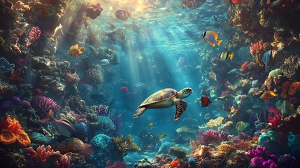 Fototapeta premium Vibrant underwater scene, colorful coral reef teeming with diverse marine life, peaceful sea turtle gliding through sunlight.