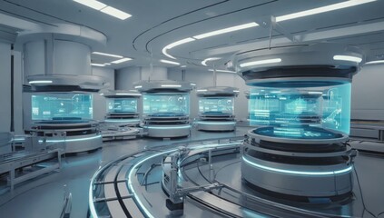 Obraz premium Futuristic lab, circular pods, medical research, tech background, science illustration