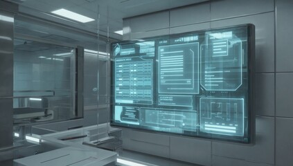 Futuristic office screen displays data; sterile background