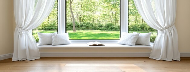 A cozy reading space features an open book and a soft lamp, with sunlight pouring in through a window framing a serene garden view