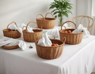 Set of decorative woven wicker baskets on pristine white tablecloth, wicker, baskets, white