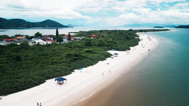 Aerial view of the sandy beach named Daniela located on the north of Santa Catarina island, Florianopolis, Brazil