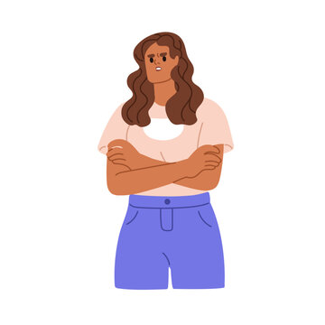 Skeptical woman, doubt and distrust expression. Discontent annoyed female with frowning face. Sceptic doubtful person looking with disbelief. Flat vector illustration isolated on white background