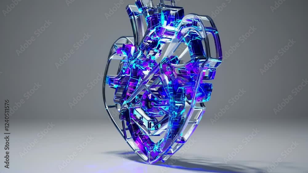 Poster an abstract digital heart constructed from overlapping transparent layers of circuitry in vivid blue