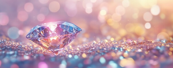 Sparkling diamond on shimmering surface with colorful bokeh background, showcasing brilliance and luxury, copy space for text