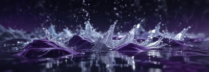 Silver fairy dust highlighting a vibrant splash of clear water in a deep purple velvet environment, splash, purple