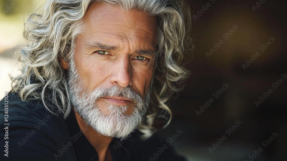 Poster a mature man with long silver hair and a matching beard gazes thoughtfully into the distance, illumi