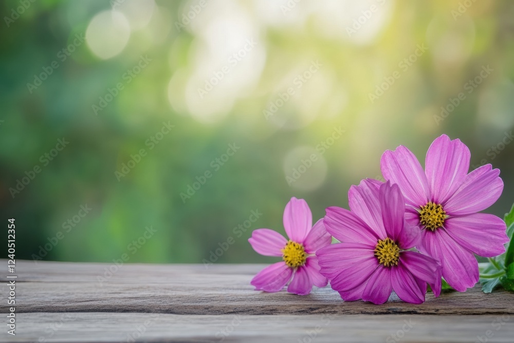 Poster beautiful pink flowers placed on rustic wooden table in a serene outdoor setting with soft natural l