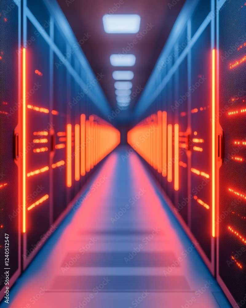 Poster Neon-Futuristic Data Center Aesthetic Advanced Server Room with Illuminated Panels and Efficient Cabling - High-Performance IT Infrastructure for Contemporary Business Solutions