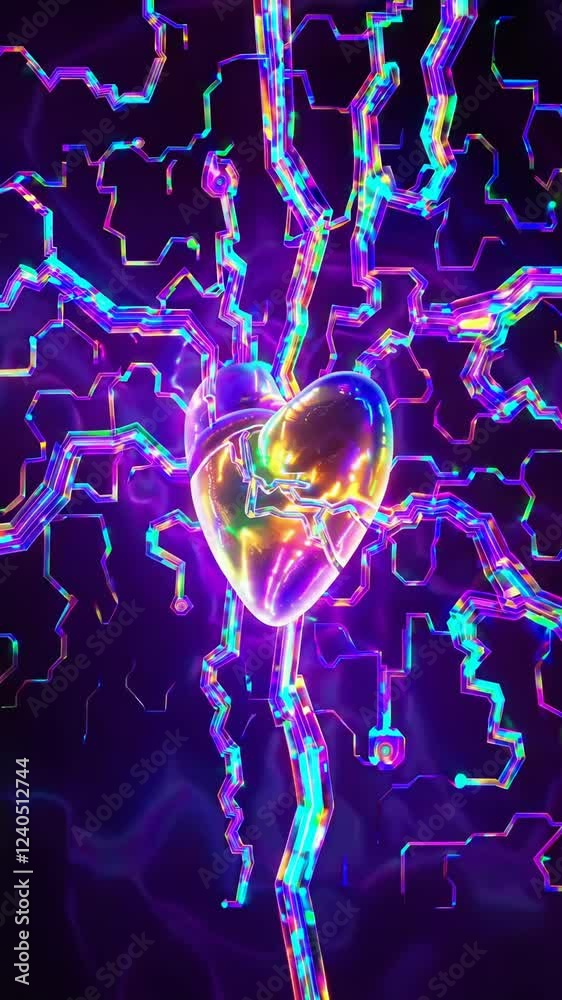 Poster an iridescent heart core powering translucent, futuristic elements around it, representing high-tech
