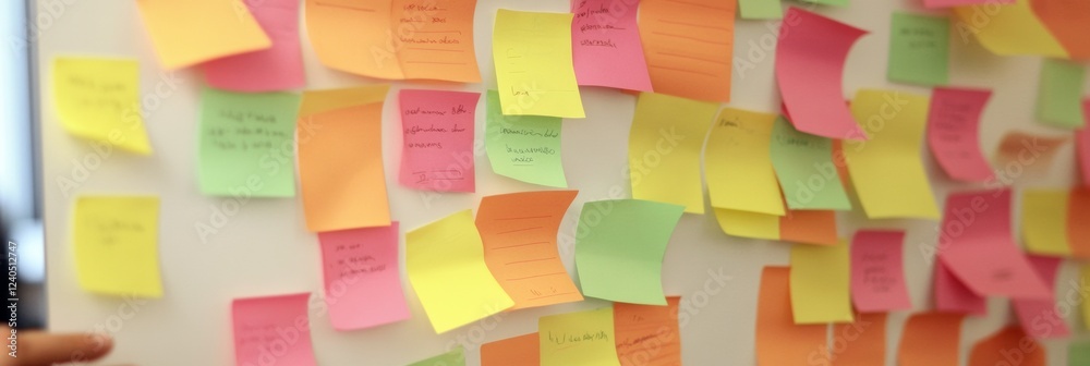 Poster colorful brainstorming aesthetic sticky notes on whiteboard for creative startup sessions - collabor