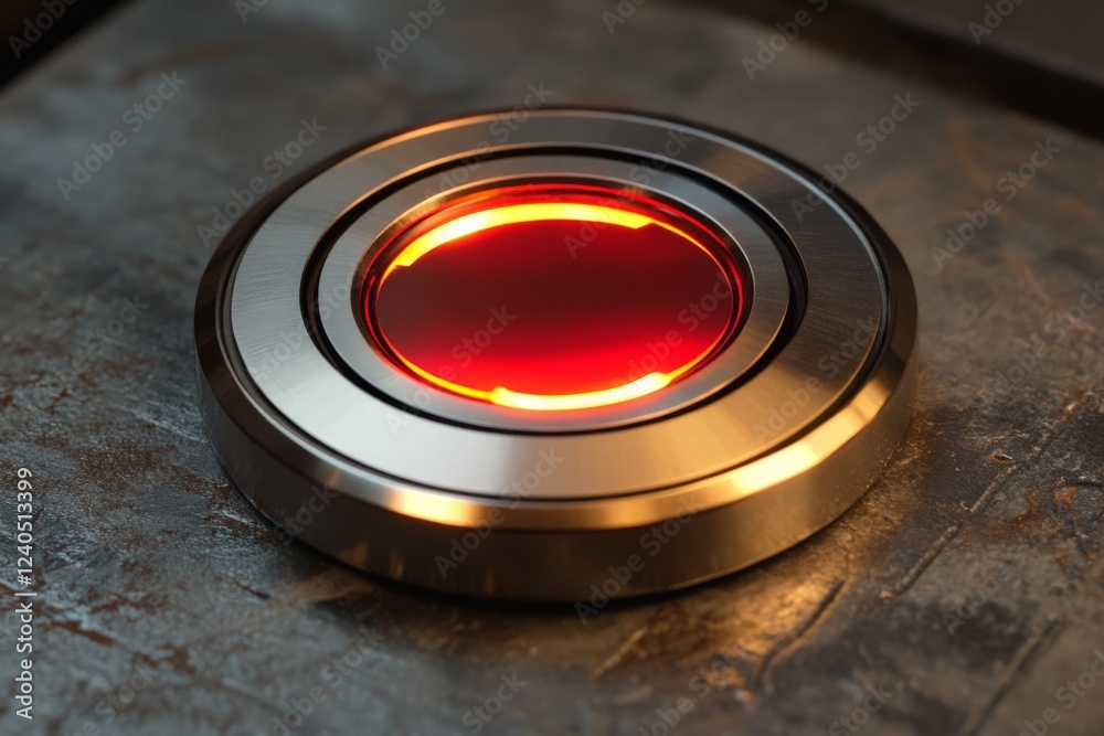 Poster Metallic circular object with a glowing red center rests on a textured surface in a workshop environment during the evening