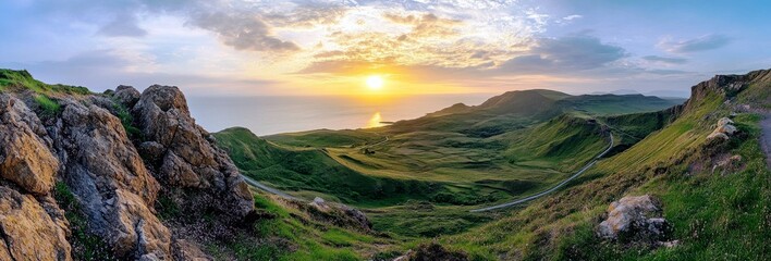 Serene Sunset Over Coastal Landscape With Rolling Hills and Rocky Foreground Highlighting Natural Beauty and Tranquility of Scenic Viewpoint