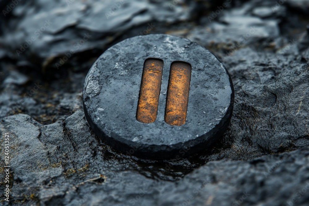 Poster circular metallic object embedded in rugged dark rock surface with golden interior shining beneath