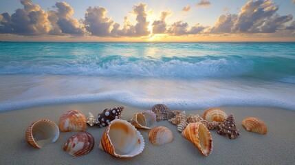 Beautiful Seashells on Sandy Beach with Sunrise and Gentle Waves