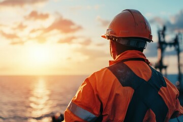 Worker watching ocean sunset: oil rig worker silhouette with hard hat safety gear at sea vibrant evening sky