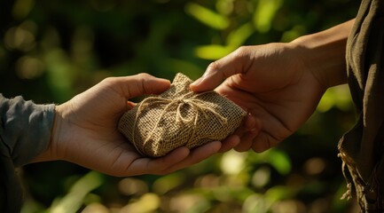 A Gift of Kindness: Two Hands Exchange a Small Burlap-Wrapped Package in a Lush Green Setting