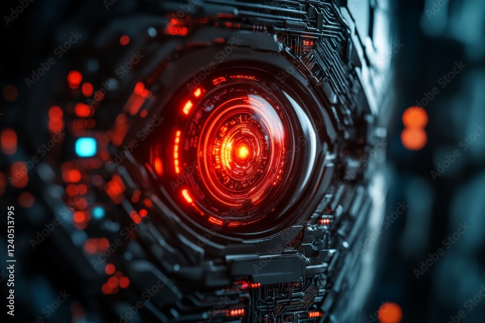 Aufkleber Futuristic robotic eye with intricate circuitry glowing in red and blue lights at close range in a dark environment