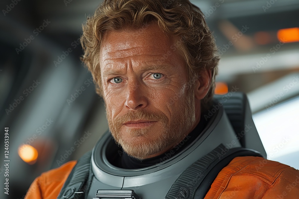 Poster astronaut poses in futuristic spacecraft during a space mission, showcasing courage and determinatio