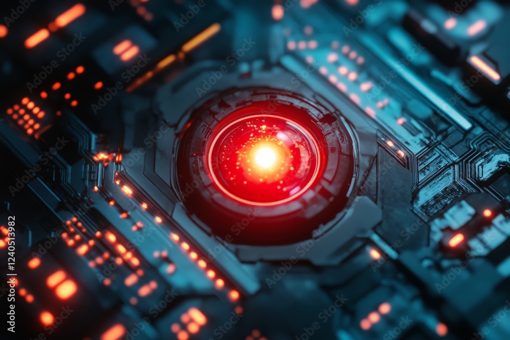 Aufkleber Red glowing core surrounded by intricate circuit patterns enhances futuristic technology aesthetic in close-up view