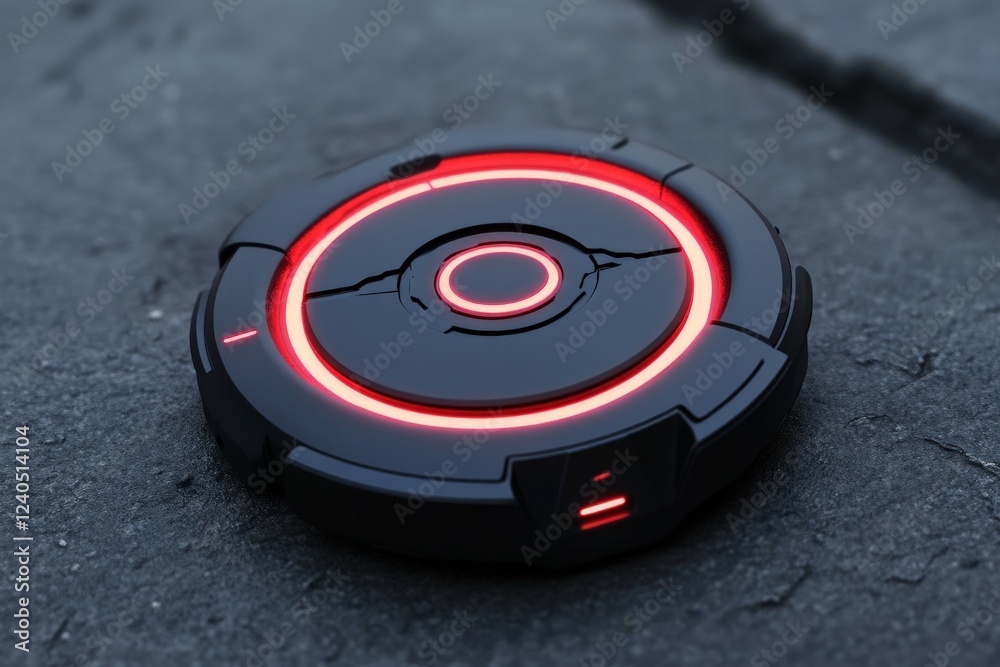 Poster innovative futuristic device with glowing red accents resting on a textured surface creates a striki