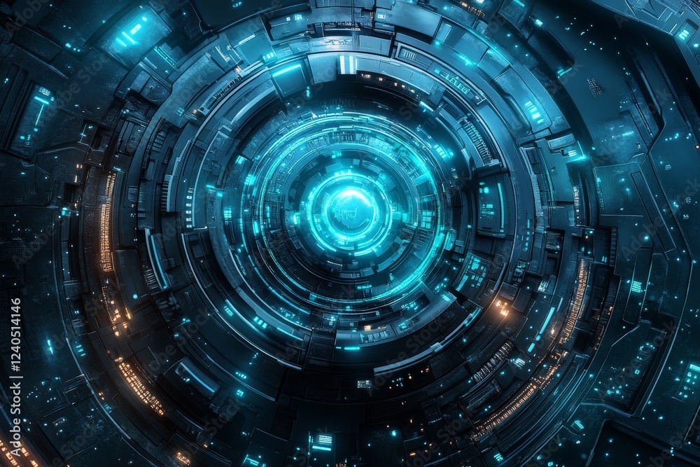 Poster Futuristic technological design showcasing an intricate circular pattern with glowing blue and orange lights
