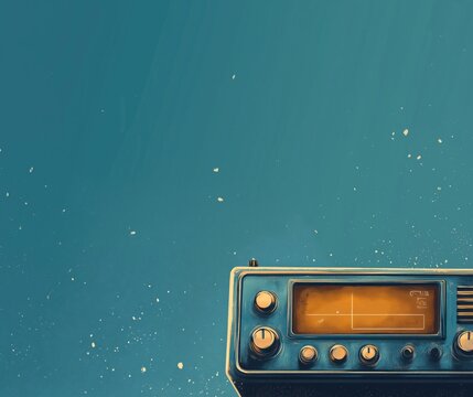 Vintage radio with glowing dial against blue background, retro design, nostalgic vibes, perfect for music lovers and collectors, copy space for text