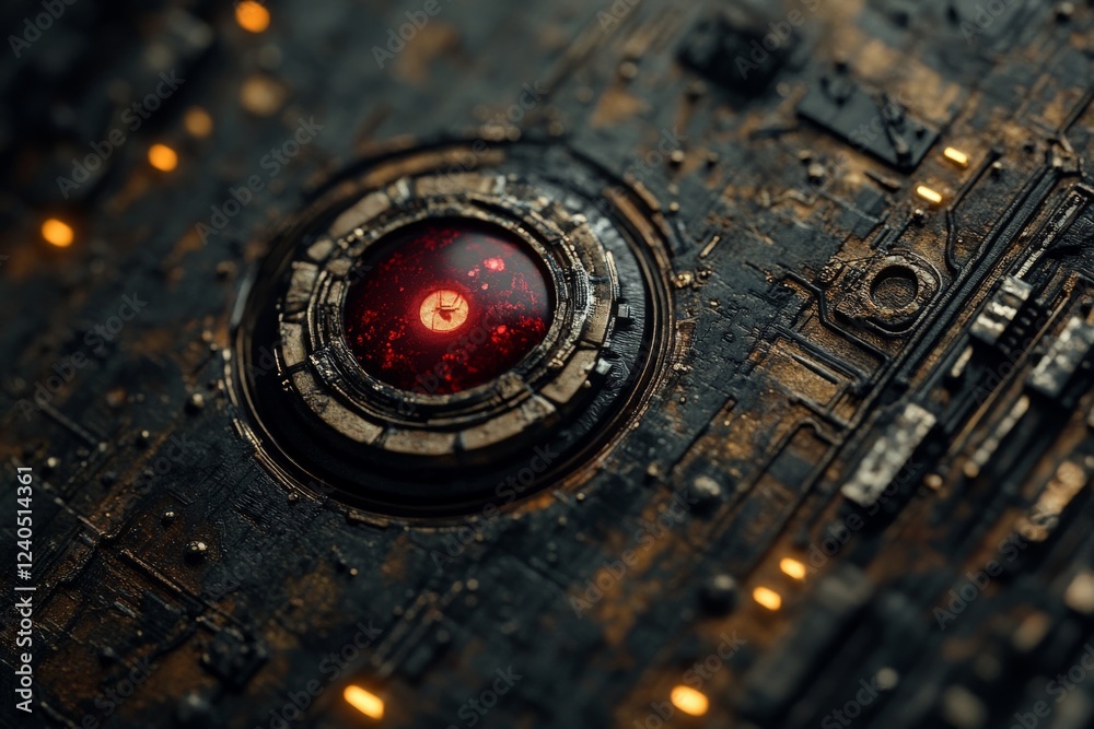 Poster complex futuristic technology with intricate details showcasing a glowing red orb on a dark metallic