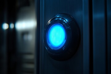 Bright blue button illuminated in a futuristic setting with metallic surfaces and a sleek design at night