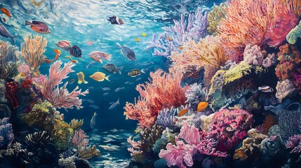 Fototapeta premium Vibrant coral reef teeming with colorful fish, underwater biodiversity showcasing marine life, serene aquatic environment.