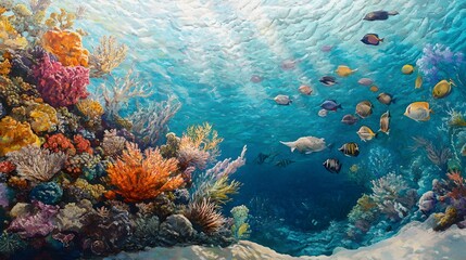 Fototapeta premium Vibrant underwater scene, colorful coral reef teeming with diverse marine life, serene aquatic environment for relaxation.