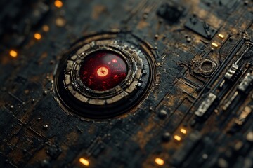 Complex futuristic technology with intricate details showcasing a glowing red orb on a dark metallic surface