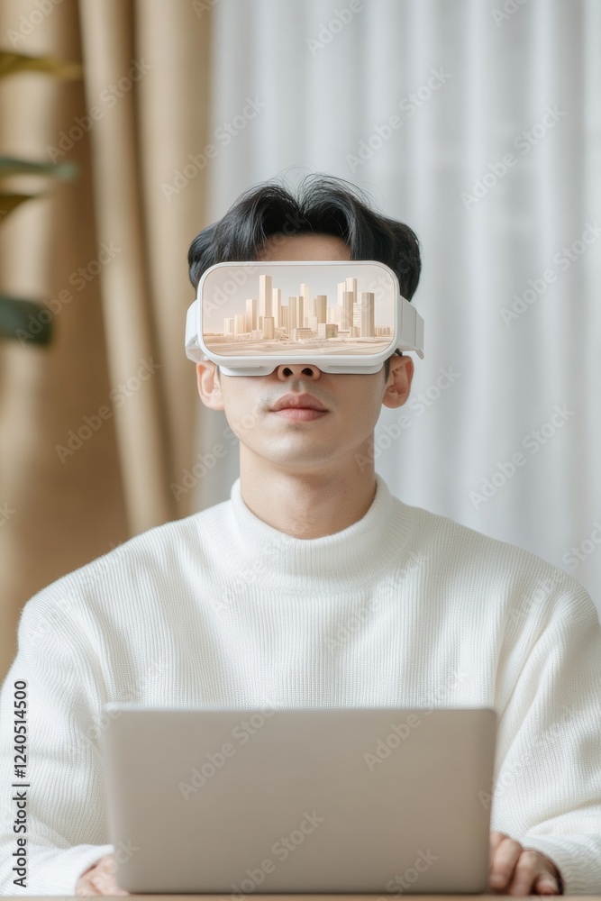 Poster Futuristic Urban Workspace Augmented Reality Glasses and Laptop with Holographic Architecture Model - Tech-Savvy Professional Dynamics in Seouls Modern Cafe Setting