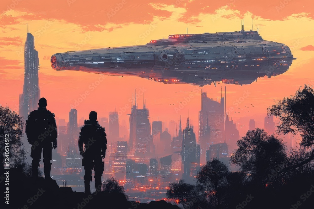 Aufkleber Exploring an alien metropolis at sunset with a massive spaceship hovering above two figures
