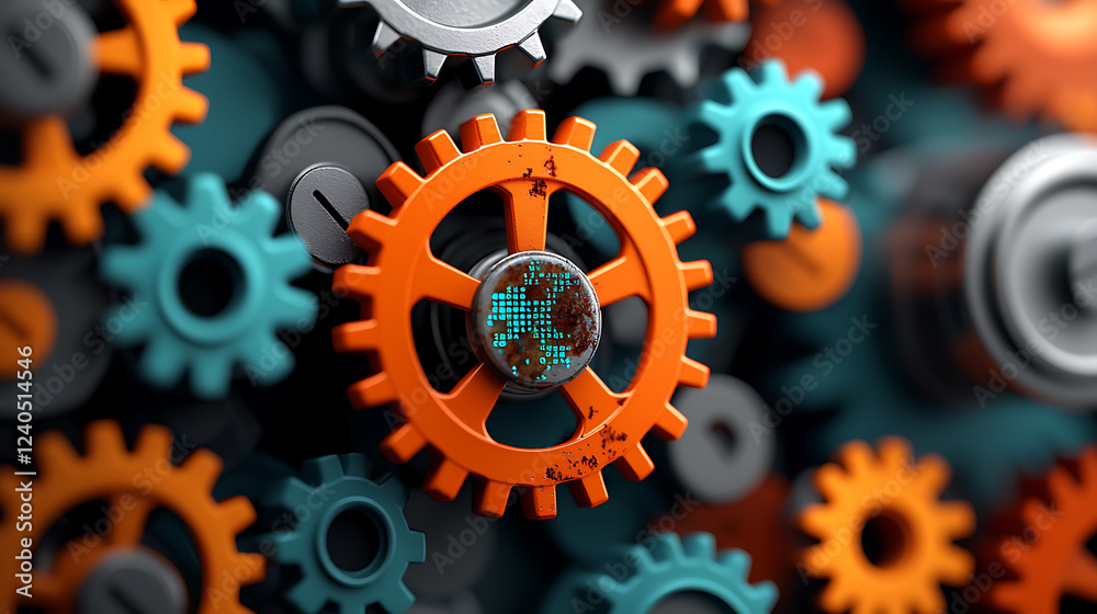 Poster analyzing legacy systems malfunctioning code tech lab digital art industrial environment close-up vi