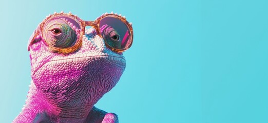 Chameleon wearing stylish sunglasses, vibrant colors, cool demeanor, against bright blue background, showcasing unique reptilian features and fashion statement, copy space for text