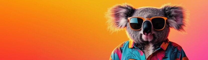 Cool Koala Wearing Sunglasses and Tropical Shirt Against Vibrant Gradient Background, copy space for text