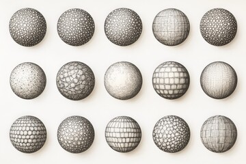 Detailed study of textured spherical forms in monochrome arrangement showcasing various surface designs