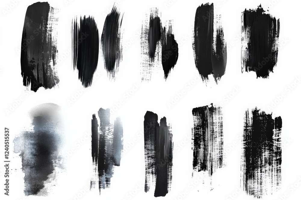 Poster abstract black brush strokes showcasing textures and artistic techniques on a clean background