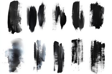 Abstract black brush strokes showcasing textures and artistic techniques on a clean background