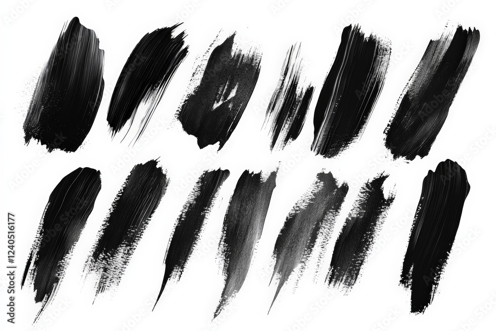 Poster various brush strokes in black and grey showcasing texture and artistic expression on a white backgr