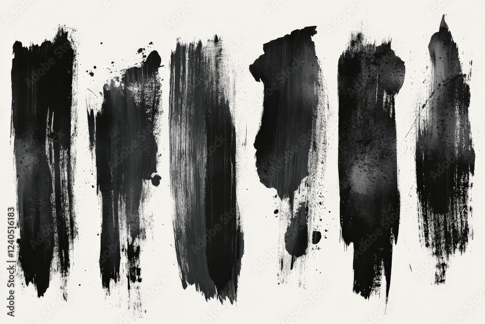Poster Black brush strokes create a dramatic abstract artwork with varied textures and forms on a light background