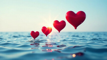 Beautiful red heart-shaped balloons against a blue and pink pastel sky on a sunny bright morning. Romantic Valentine's Day trip. Sports and recreation travel theme.