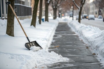 Snowy sidewalk cleared with a large snow shovel, landscape maintenance, ice, sLarge snow shoveClose-up of a person's hands holding a large snow shovel, snow shovel, sidewalk