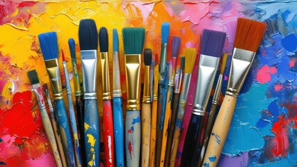 Obraz premium A collection of vibrant paintbrushes against a colorful palette
