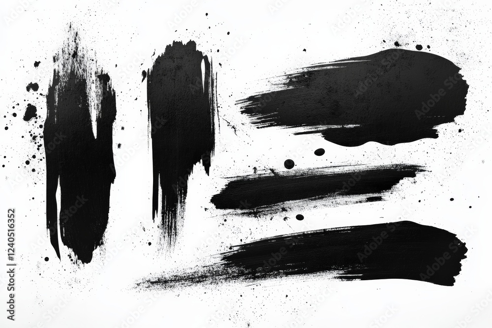 Poster Black paint strokes and splashes on a white canvas create an artistic expression of movement and emotion