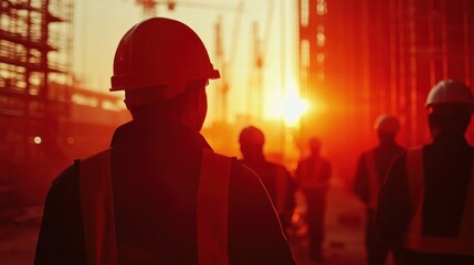 Fototapeta premium Silhouetted construction workers at sunset.