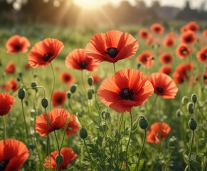 Obraz premium Soft focus background with delicate red poppies in a field against a warm sunlight, , nature