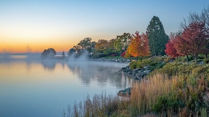 Fototapeta premium Misty Autumn Sunrise over Serene Lake