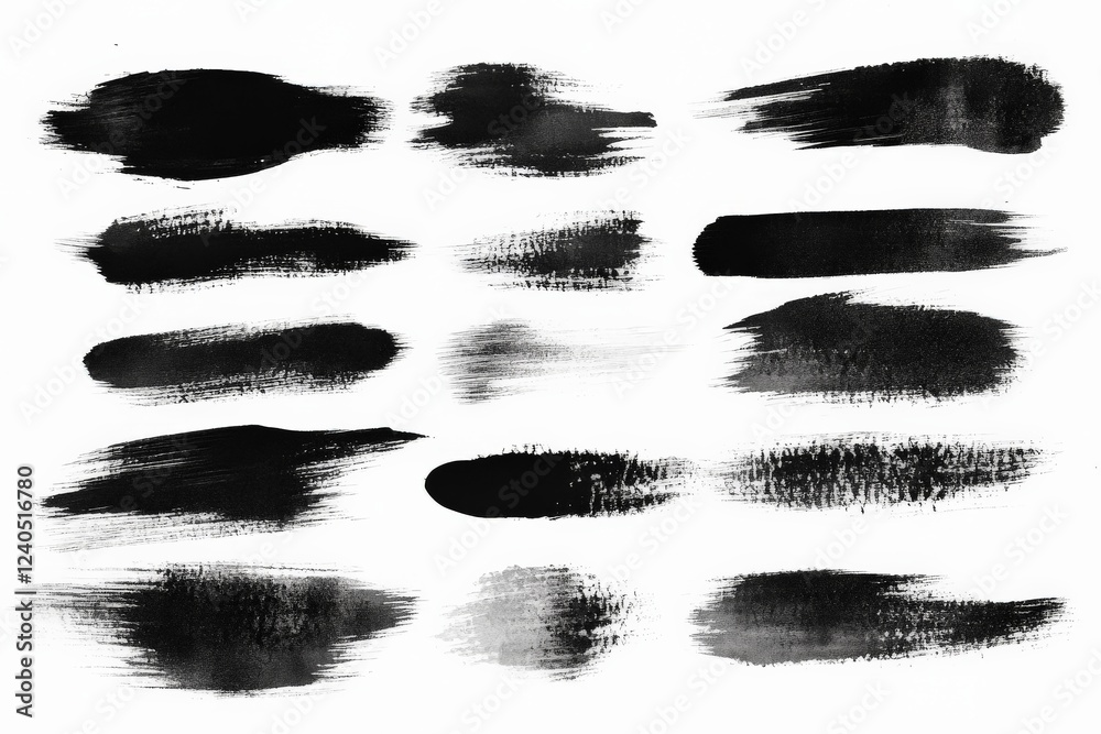 Poster Black and white brush strokes showcasing various textures and styles for artistic inspiration and design applications
